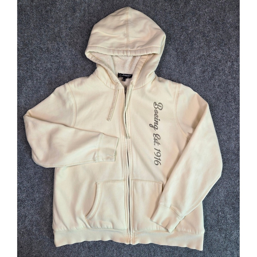 Boeing Zip Up Hoodie Womens Medium Cream Glitter Script Est 1916 Sweatshirt